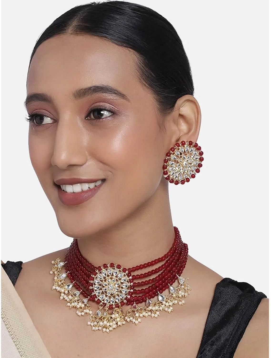 I Jewels Gold Plated Indian Bollywood Kundan Pearl Beads Designer Choker with Earrings For Women (K7097)