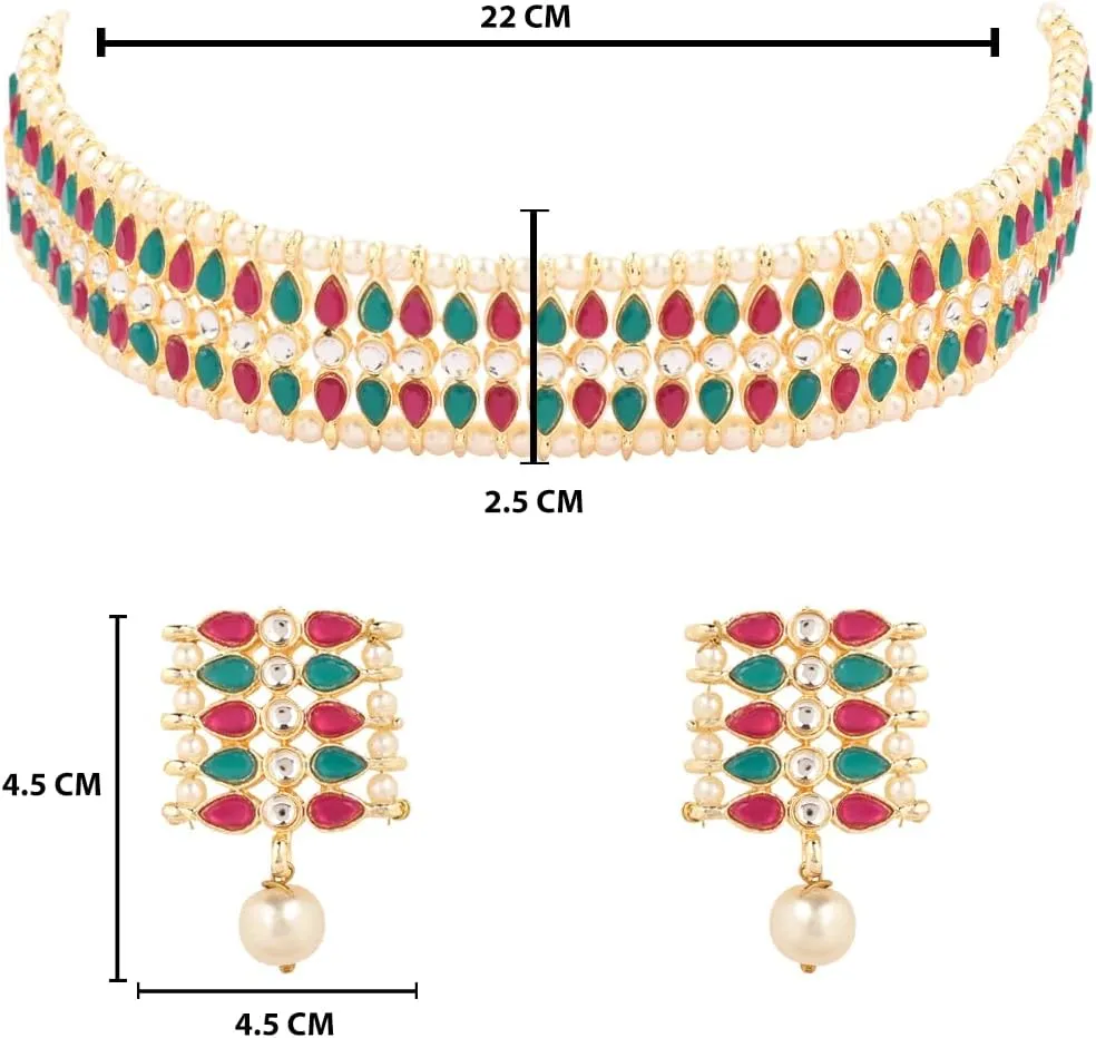 I Jewels Gold Plated Indian Wedding Bollywood Gold Pearl & Kundan Studded Choker Necklace Jewellery Set For Women (K7209)