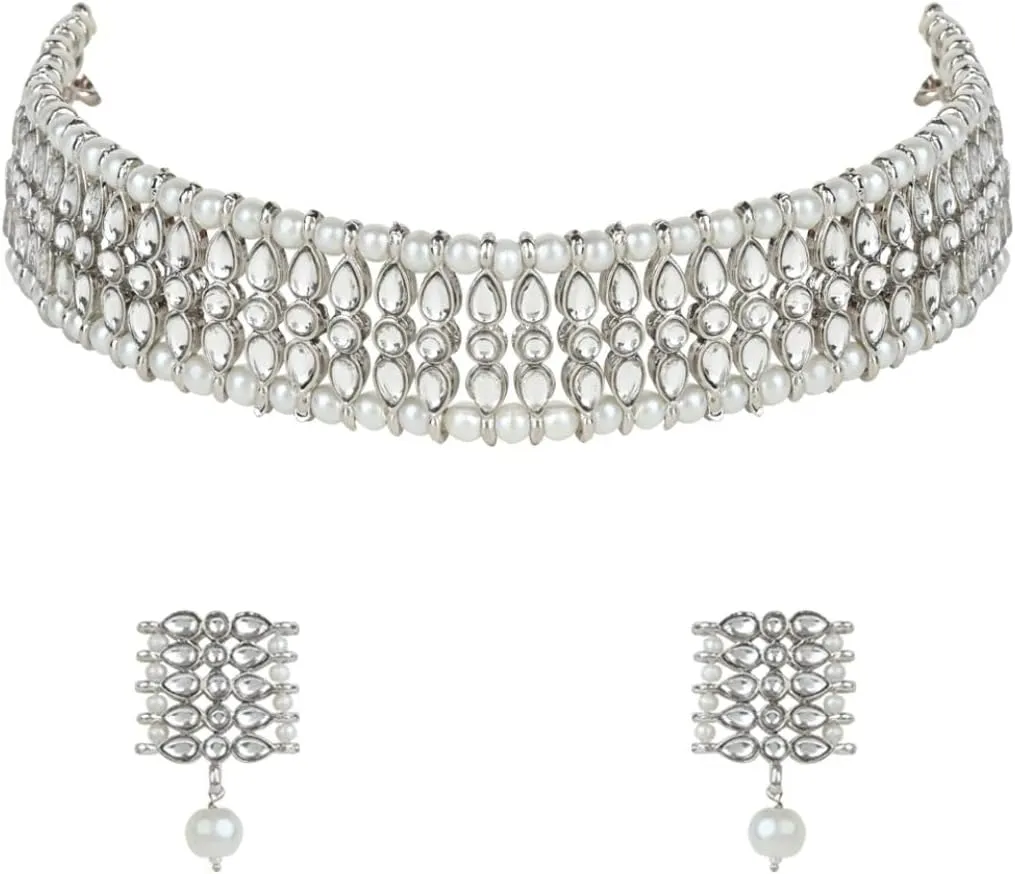 I Jewels Gold Plated Indian Wedding Bollywood Gold Pearl & Kundan Studded Choker Necklace Jewellery Set For Women (K7209)
