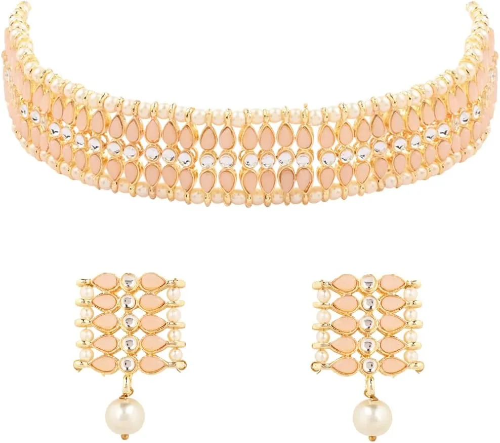 I Jewels Gold Plated Indian Wedding Bollywood Gold Pearl & Kundan Studded Choker Necklace Jewellery Set For Women (K7209)
