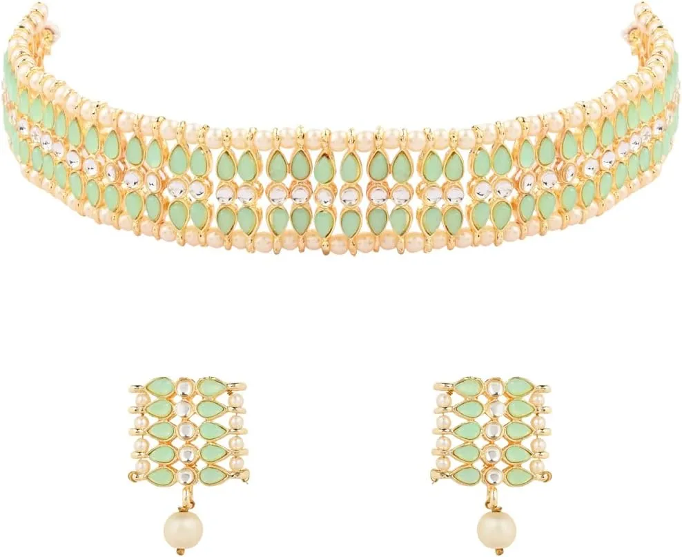 I Jewels Gold Plated Indian Wedding Bollywood Gold Pearl & Kundan Studded Choker Necklace Jewellery Set For Women (K7209)