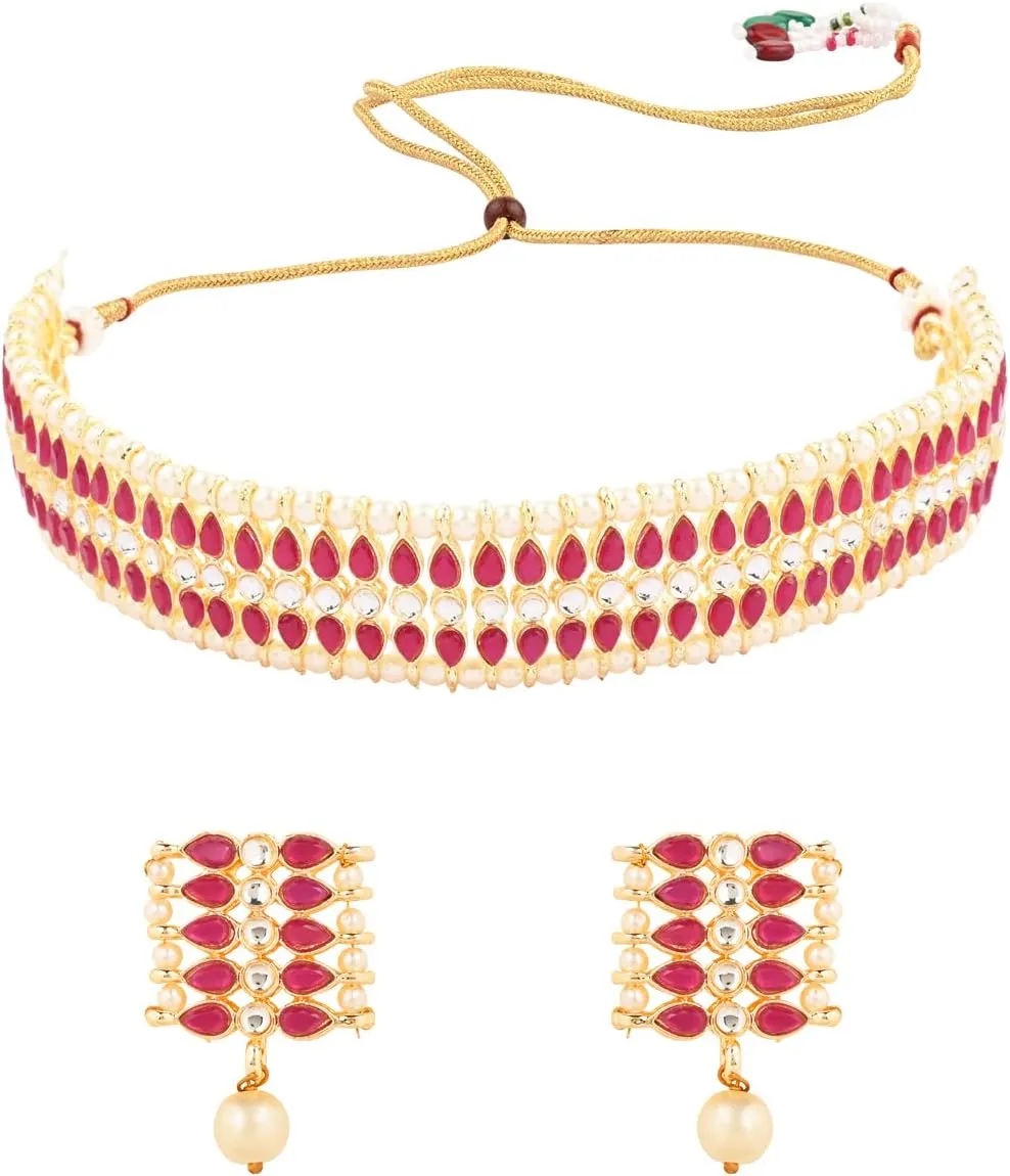 I Jewels Gold Plated Indian Wedding Bollywood Gold Pearl & Kundan Studded Choker Necklace Jewellery Set For Women (K7209)