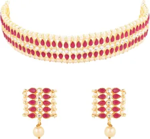 I Jewels Gold Plated Indian Wedding Bollywood Gold Pearl & Kundan Studded Choker Necklace Jewellery Set For Women (K7209)