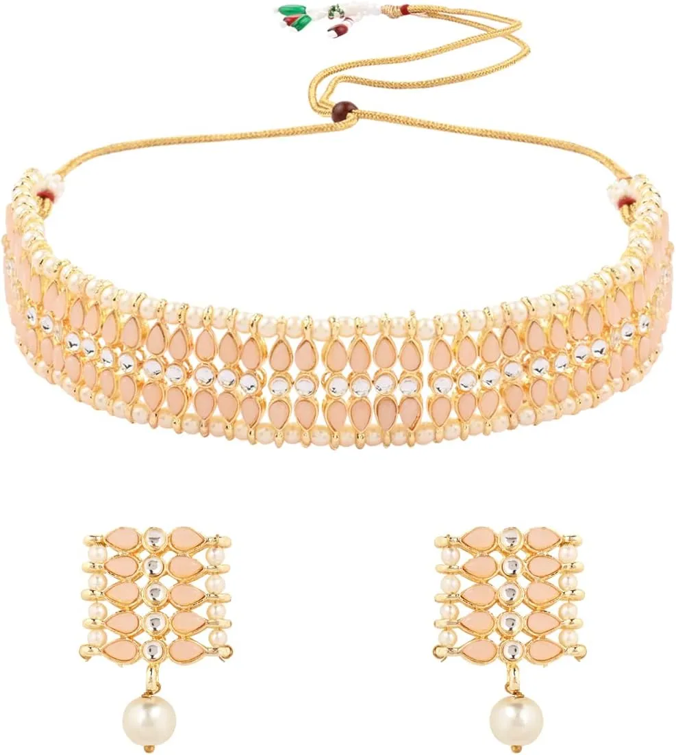 I Jewels Gold Plated Indian Wedding Bollywood Gold Pearl & Kundan Studded Choker Necklace Jewellery Set For Women (K7209)