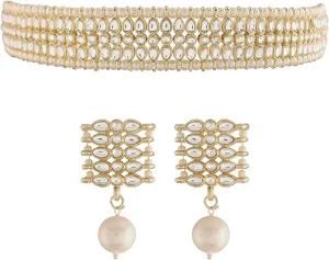 I Jewels Gold Plated Indian Wedding Bollywood Gold Pearl & Kundan Studded Choker Necklace Jewellery Set For Women (K7209)