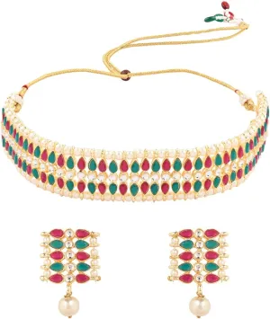 I Jewels Gold Plated Indian Wedding Bollywood Gold Pearl & Kundan Studded Choker Necklace Jewellery Set For Women (K7209)