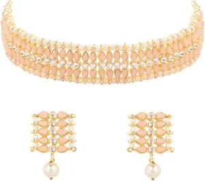 I Jewels Gold Plated Indian Wedding Bollywood Gold Pearl & Kundan Studded Choker Necklace Jewellery Set For Women (K7209)