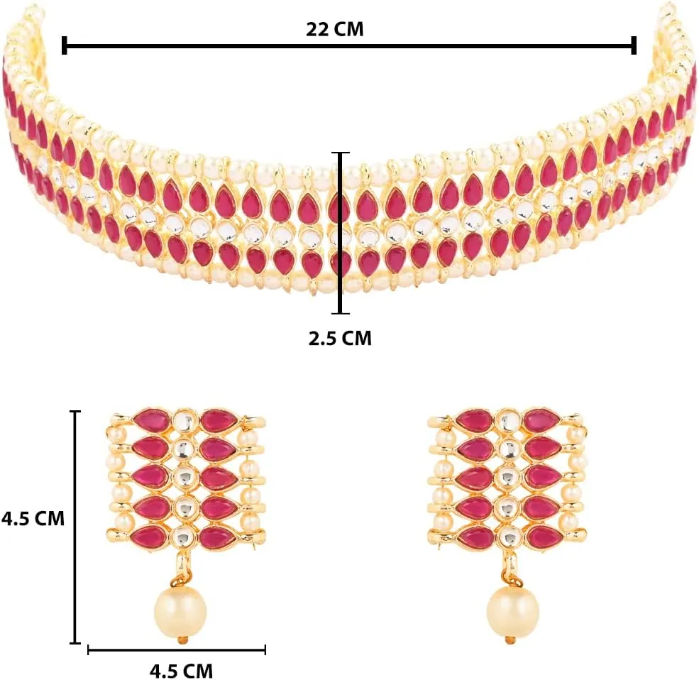 I Jewels Gold Plated Indian Wedding Bollywood Gold Pearl & Kundan Studded Choker Necklace Jewellery Set For Women (K7209)