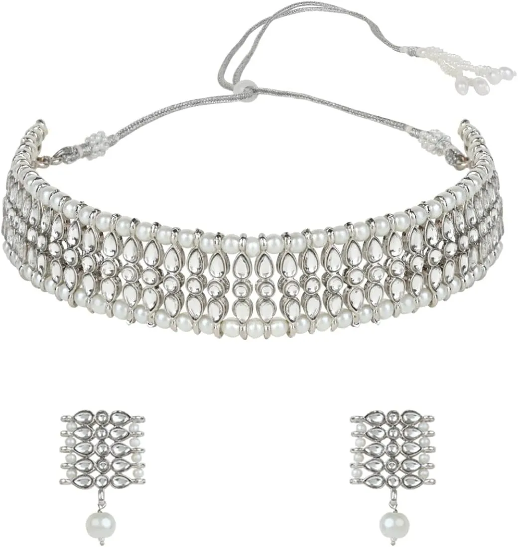 I Jewels Gold Plated Indian Wedding Bollywood Gold Pearl & Kundan Studded Choker Necklace Jewellery Set For Women (K7209)