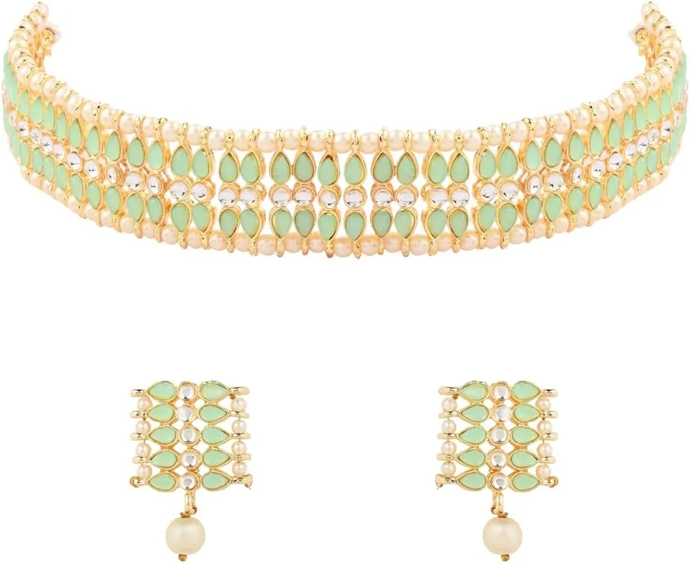 I Jewels Gold Plated Indian Wedding Bollywood Gold Pearl & Kundan Studded Choker Necklace Jewellery Set For Women (K7209)