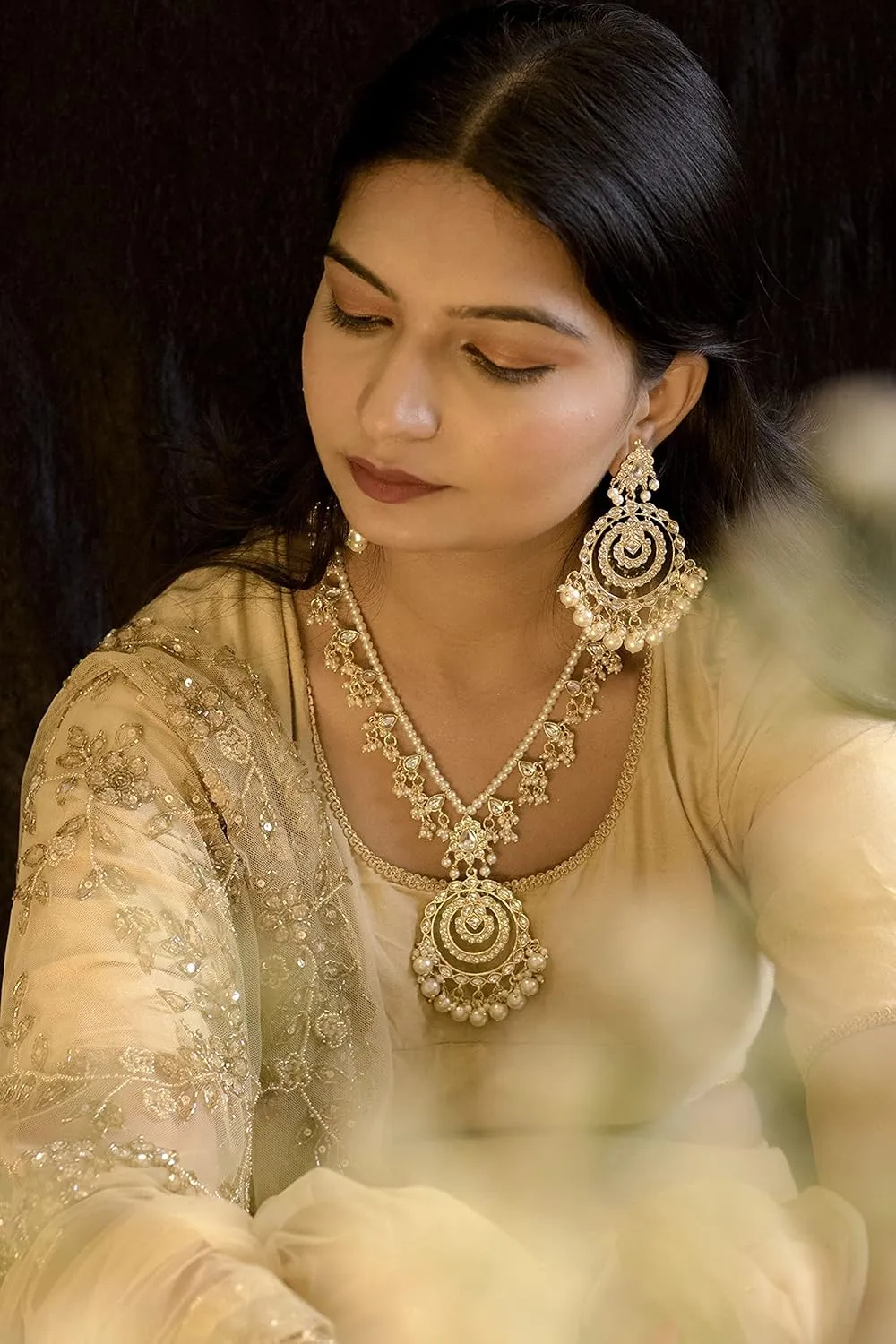 I Jewels Gold Plated Indian Wedding Bollywood Kundan Pearl Studded Long Necklace Set For Women (ML295-98)