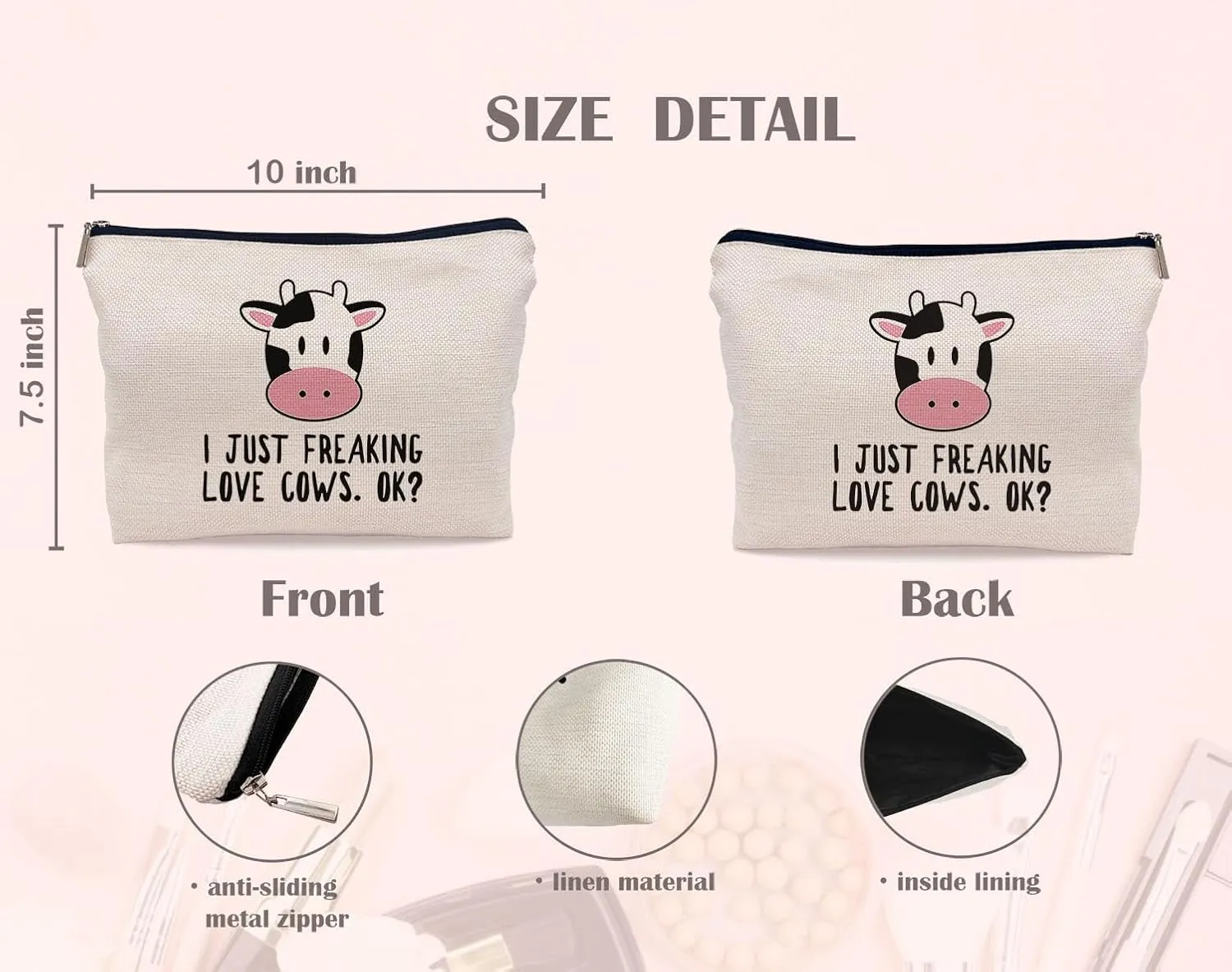 I Just Freaking Loves Cows OK Makeup Bag,Rustic Cute Dairy Cow Cosmetic Makeup Bag for Cow Lovers Farm Women Girls,Birthday Christmas Valentine's Day Gift Makeup Bag