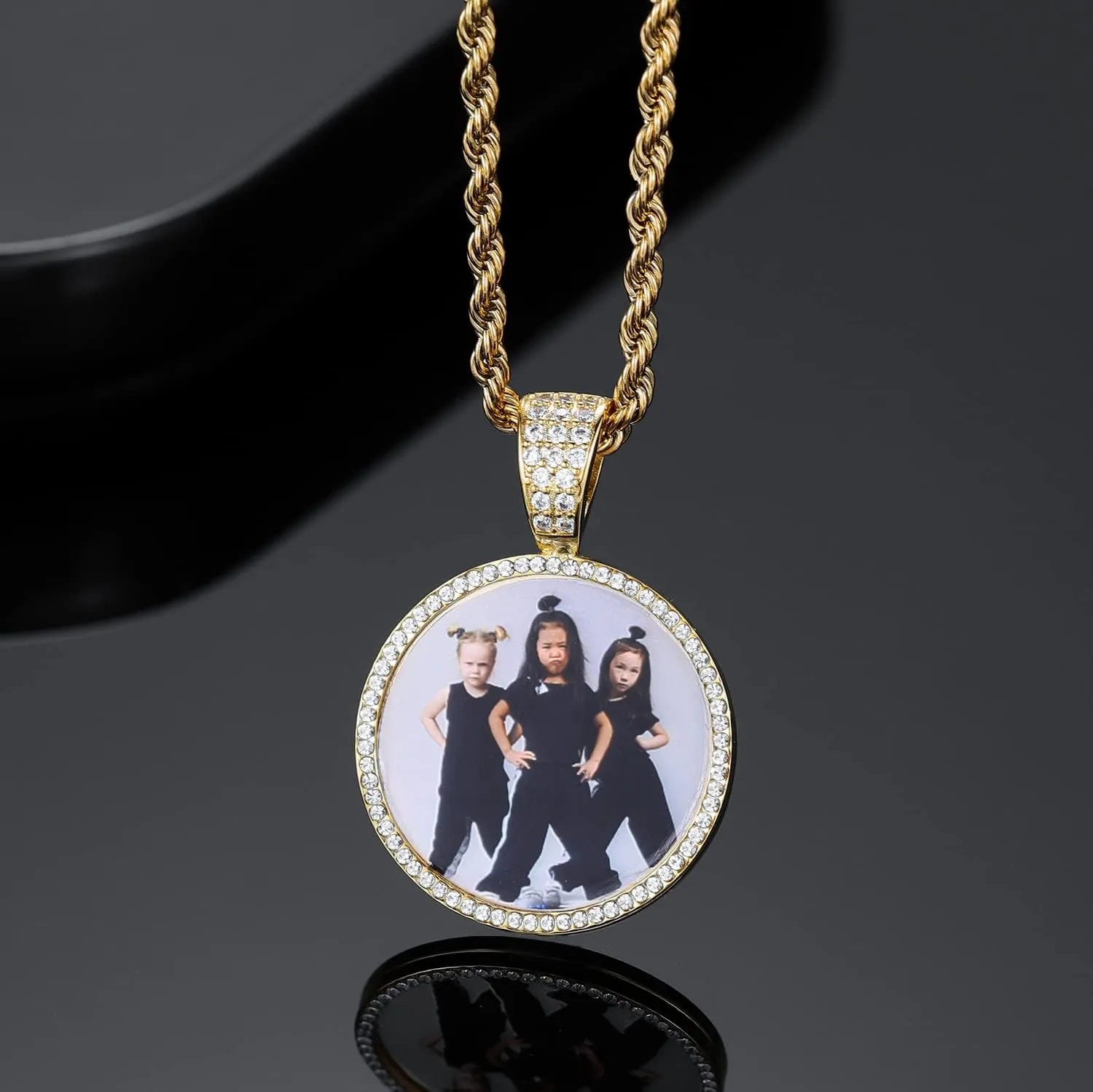 ICED PHOTO PENDANT W/ROPE CHAIN Picture Necklace Personalized Photo Blank Pendants Charms Necklace Custom Picture Necklaces Round/Heart/Angel Wings Rhinestone Bezel Pendant Trays for Jewelry