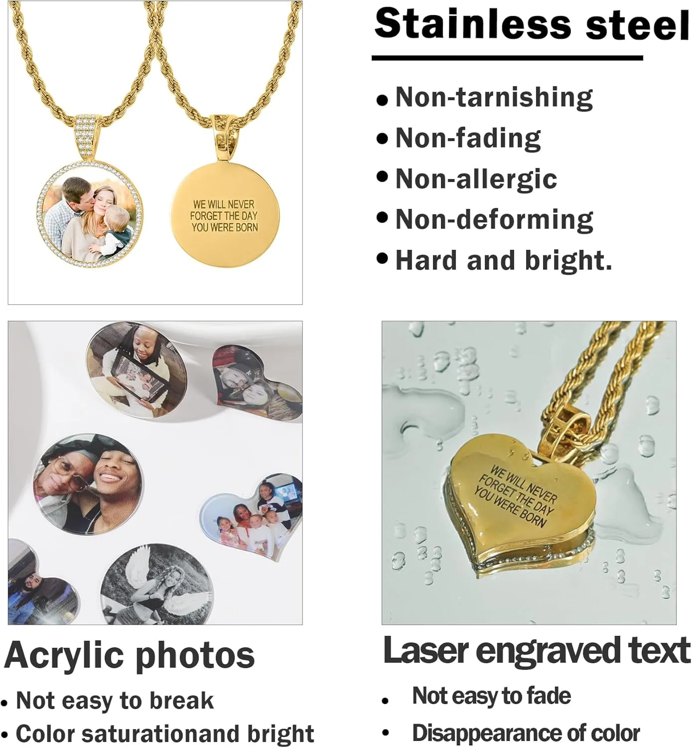 ICED PHOTO PENDANT W/ROPE CHAIN Picture Necklace Personalized Photo Blank Pendants Charms Necklace Custom Picture Necklaces Round/Heart/Angel Wings Rhinestone Bezel Pendant Trays for Jewelry