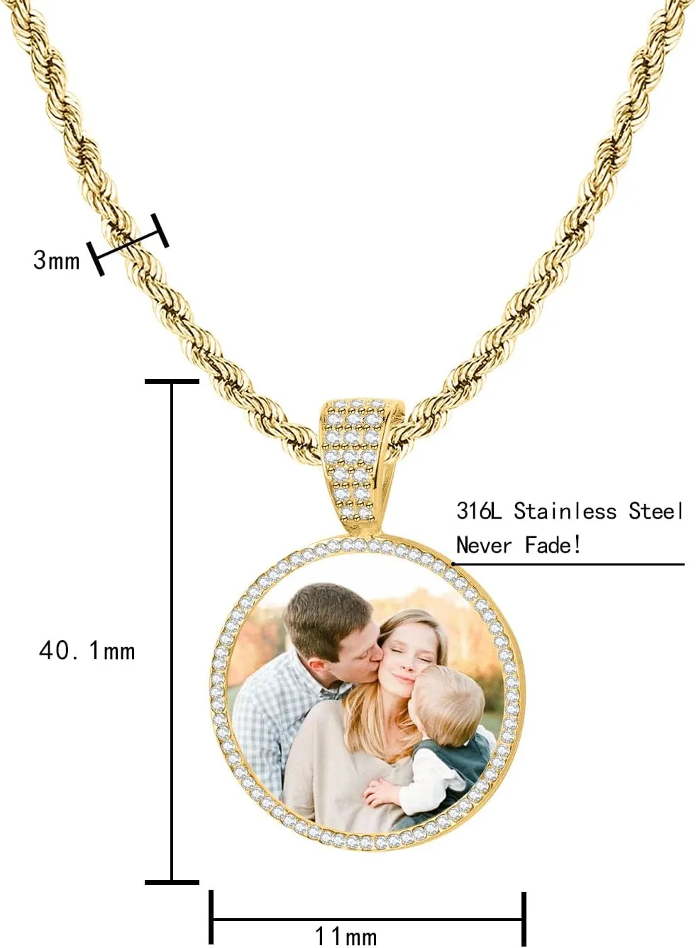 ICED PHOTO PENDANT W/ROPE CHAIN Picture Necklace Personalized Photo Blank Pendants Charms Necklace Custom Picture Necklaces Round/Heart/Angel Wings Rhinestone Bezel Pendant Trays for Jewelry