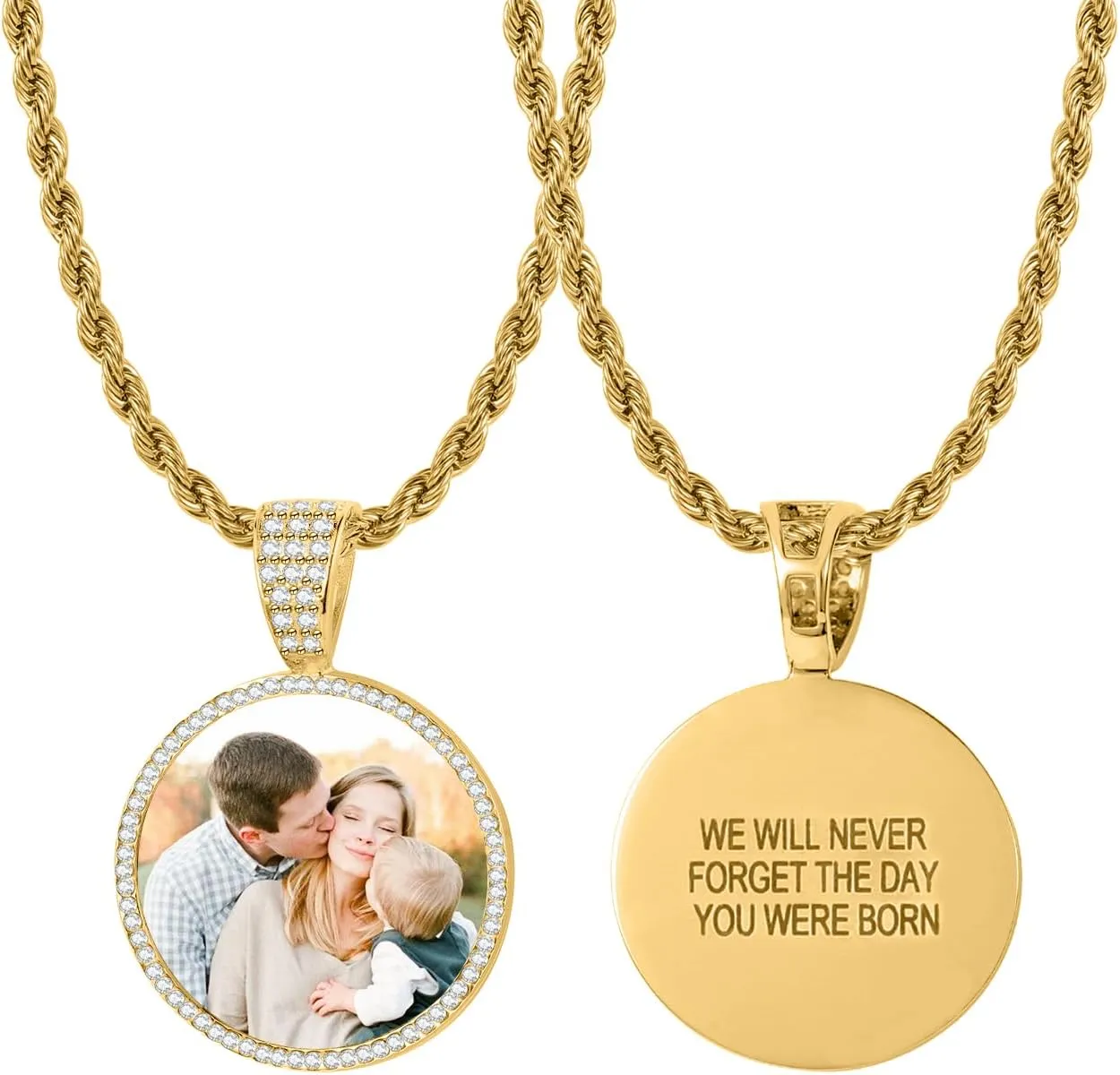 ICED PHOTO PENDANT W/ROPE CHAIN Picture Necklace Personalized Photo Blank Pendants Charms Necklace Custom Picture Necklaces Round/Heart/Angel Wings Rhinestone Bezel Pendant Trays for Jewelry