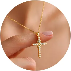IEFWELL Cross Necklaces for Women - Dainty Gold Silver Cross Necklace for Women Trendy Simple Sideways Layered CZ Cross Necklaces Gold Jewelry for Womens Gifts