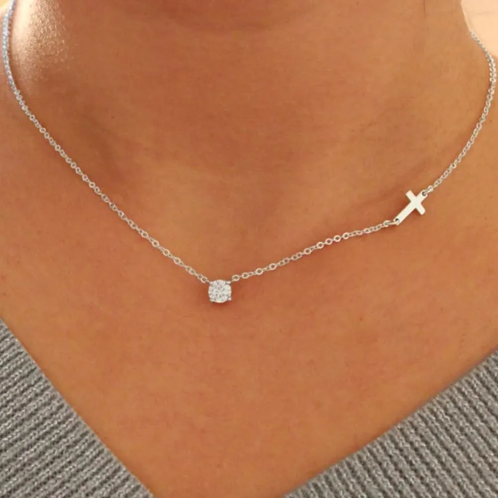 IEFWELL Cross Necklaces for Women - Dainty Gold Silver Cross Necklace for Women Trendy Simple Sideways Layered CZ Cross Necklaces Gold Jewelry for Womens Gifts