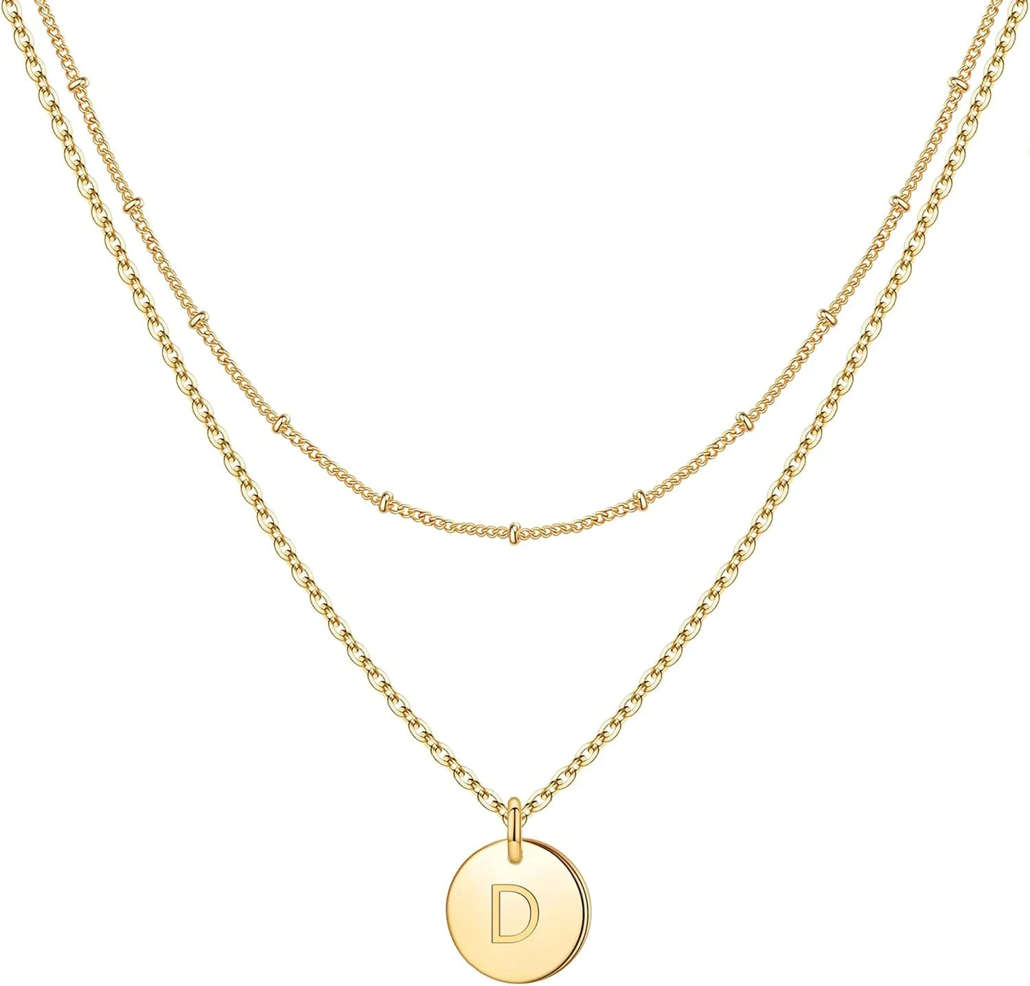 IEFWELL Initial Necklaces for Women Girls - Gold Silver Rose Gold Double Side Engraved Hammered Coin Necklaces, Layered Necklace Jewelry Pendant for Teen Girls