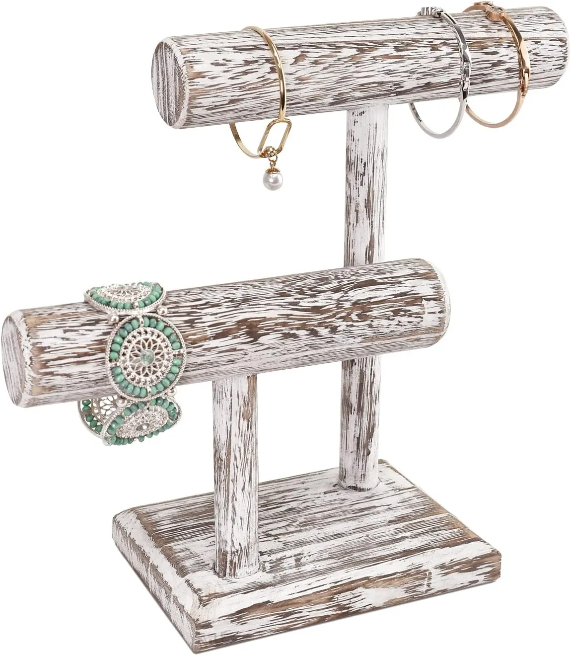 Ikee Design 2 Tier Wooden Jewelry Bracelet Watch Display Tower, Bangle Scrunchie Necklace Holder Storage Stand, 7.9 W x 4.3 D x 9.4 H in, Antique White Color