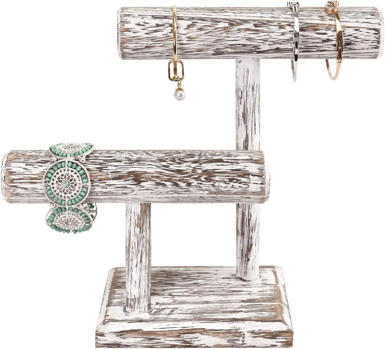 Ikee Design 2 Tier Wooden Jewelry Bracelet Watch Display Tower, Bangle Scrunchie Necklace Holder Storage Stand, 7.9 W x 4.3 D x 9.4 H in, Antique White Color