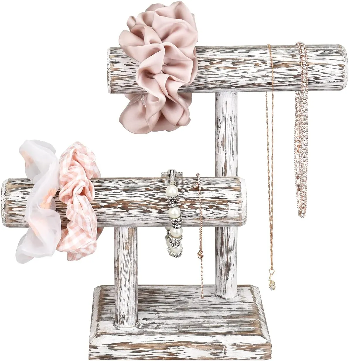 Ikee Design 2 Tier Wooden Jewelry Bracelet Watch Display Tower, Bangle Scrunchie Necklace Holder Storage Stand, 7.9 W x 4.3 D x 9.4 H in, Antique White Color