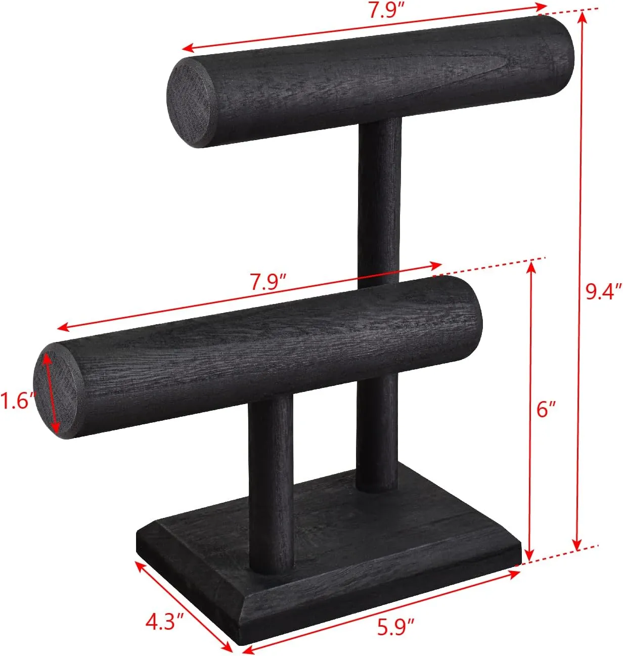 Ikee Design 2 Tier Wooden Jewelry Bracelet Watch Display Tower, Bangle Scrunchie Necklace Holder Storage Stand, 7.9 W x 4.3 D x 9.4 H in, Black Color