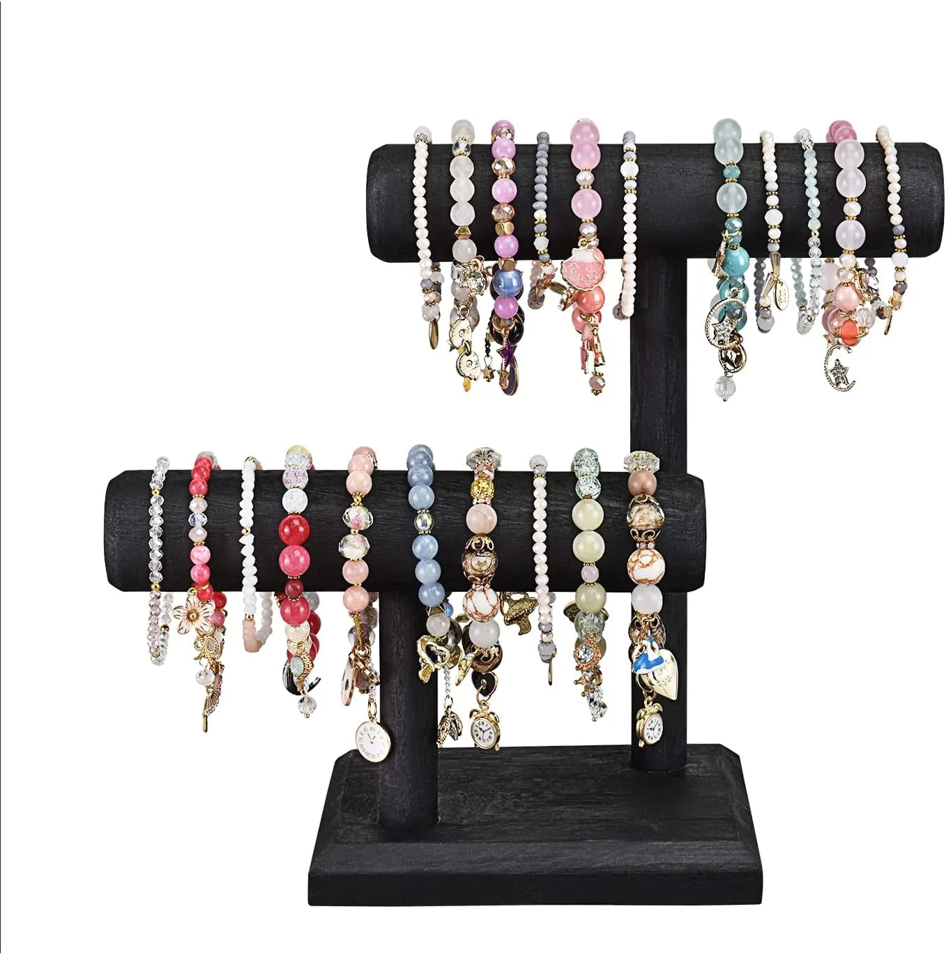 Ikee Design 2 Tier Wooden Jewelry Bracelet Watch Display Tower, Bangle Scrunchie Necklace Holder Storage Stand, 7.9 W x 4.3 D x 9.4 H in, Black Color