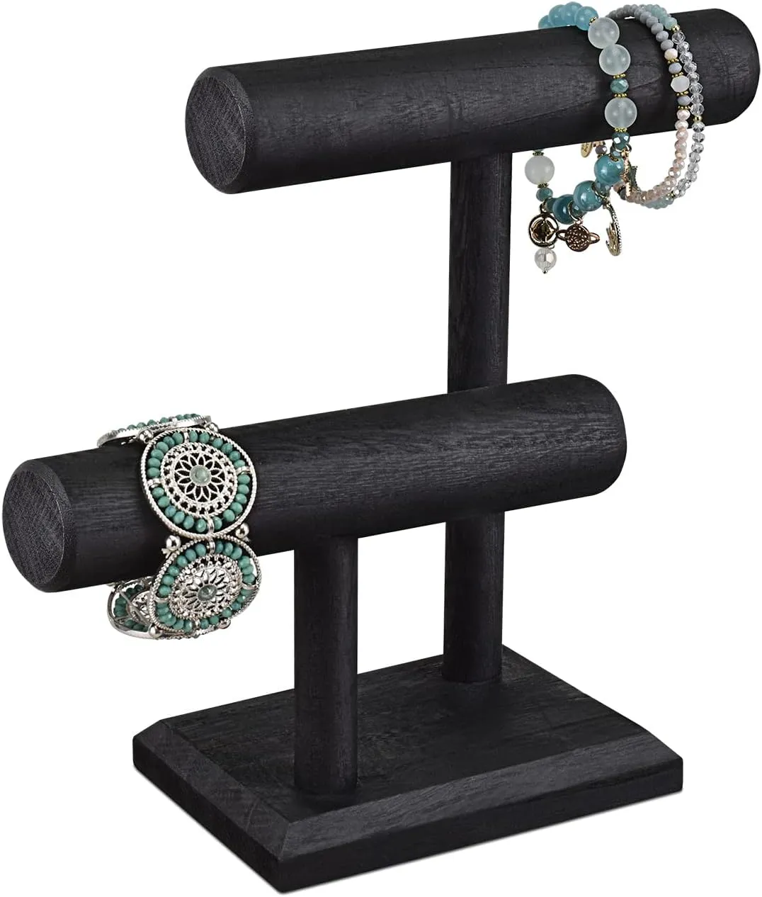 Ikee Design 2 Tier Wooden Jewelry Bracelet Watch Display Tower, Bangle Scrunchie Necklace Holder Storage Stand, 7.9 W x 4.3 D x 9.4 H in, Black Color