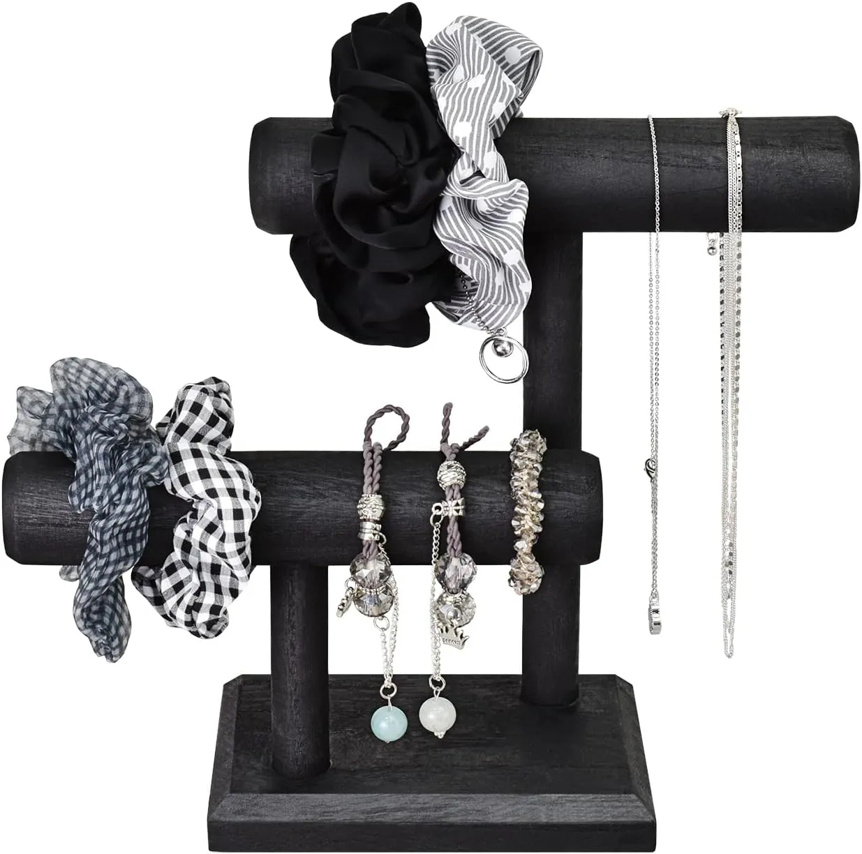 Ikee Design 2 Tier Wooden Jewelry Bracelet Watch Display Tower, Bangle Scrunchie Necklace Holder Storage Stand, 7.9 W x 4.3 D x 9.4 H in, Black Color