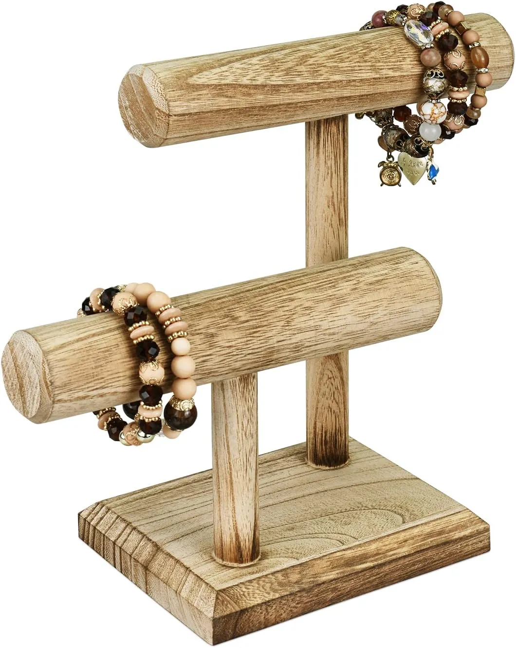 Ikee Design 2 Tier Wooden Jewelry Bracelet Watch Display Tower, Bangle Scrunchie Necklace Holder Storage Stand, Oak Color, 7.9 W x 4.3 D x 9.4 H in