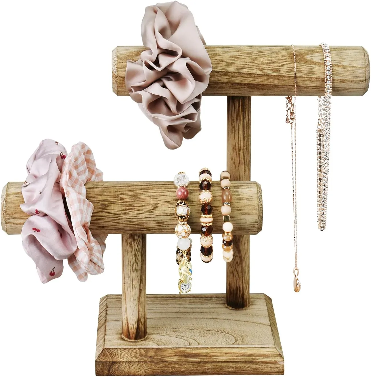 Ikee Design 2 Tier Wooden Jewelry Bracelet Watch Display Tower, Bangle Scrunchie Necklace Holder Storage Stand, Oak Color, 7.9 W x 4.3 D x 9.4 H in