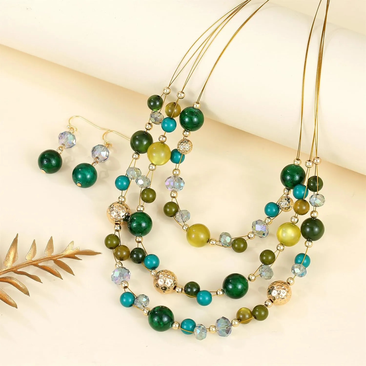 Illusion Wired Beads Necklaces Set 3 Layered Colorful Beaded Statement Necklaces Bohemian Western Jewelry Handmade Choker Necklace and Earrings Set for Holiday Gifts