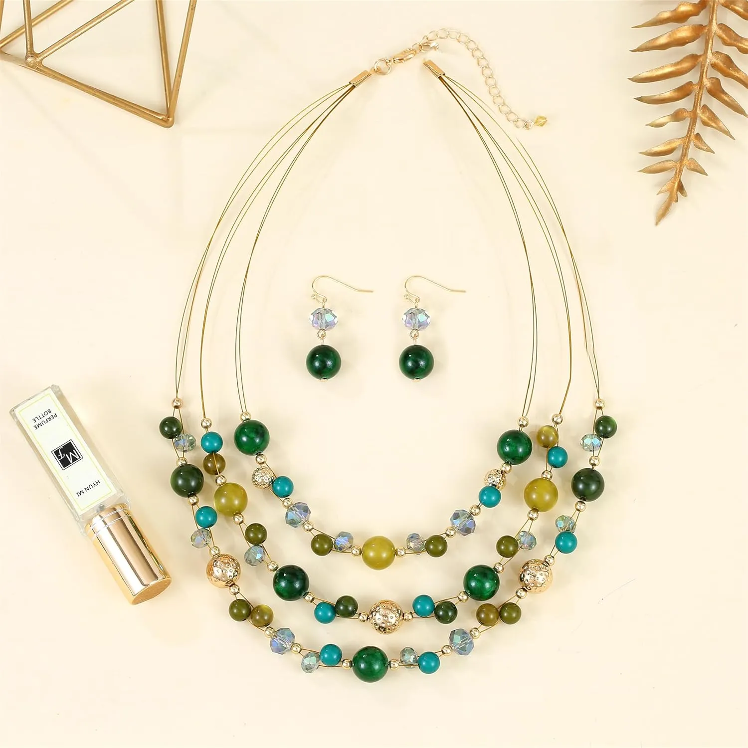 Illusion Wired Beads Necklaces Set 3 Layered Colorful Beaded Statement Necklaces Bohemian Western Jewelry Handmade Choker Necklace and Earrings Set for Holiday Gifts