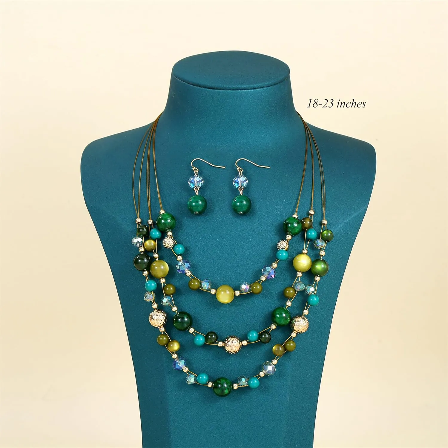 Illusion Wired Beads Necklaces Set 3 Layered Colorful Beaded Statement Necklaces Bohemian Western Jewelry Handmade Choker Necklace and Earrings Set for Holiday Gifts