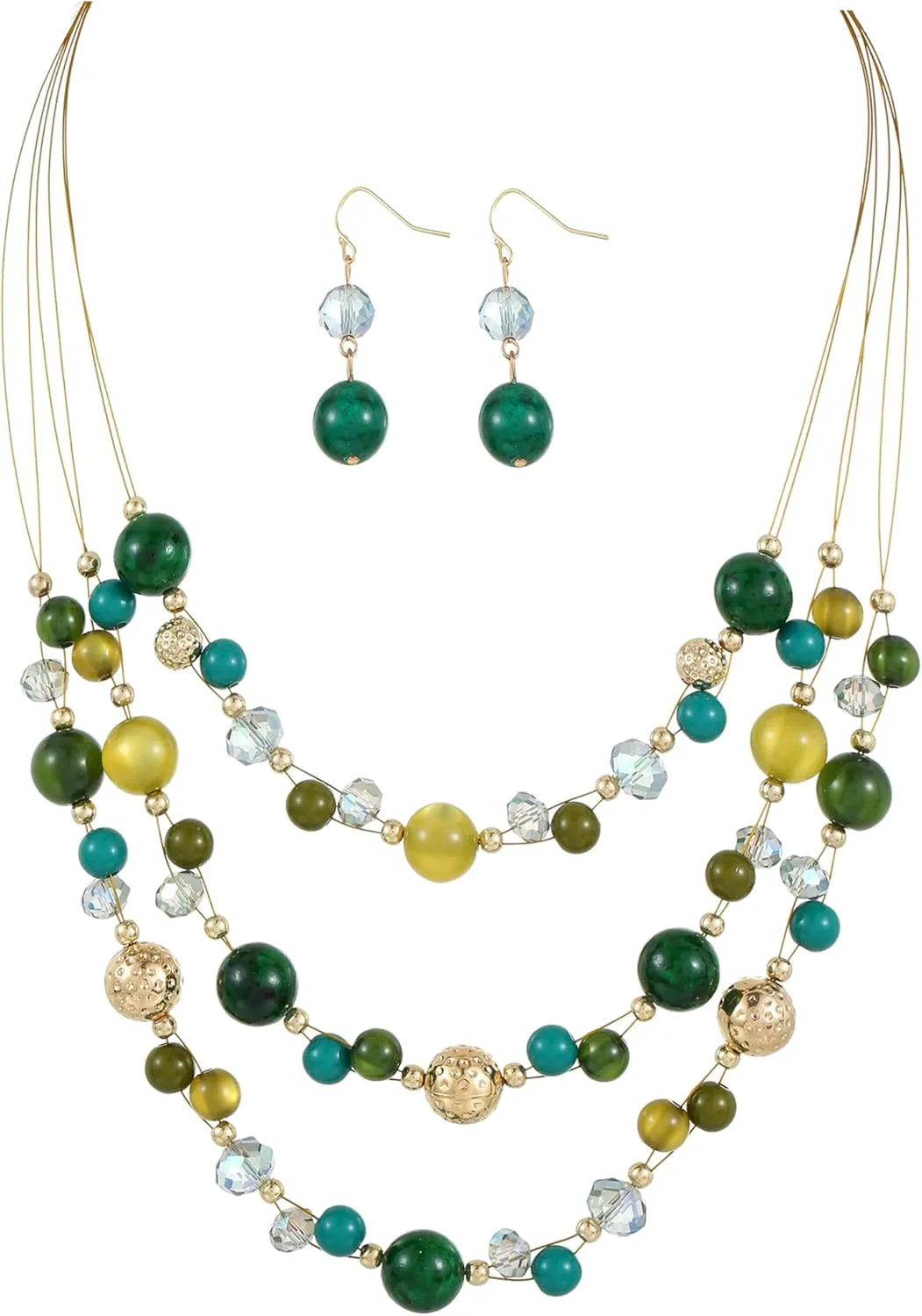 Illusion Wired Beads Necklaces Set 3 Layered Colorful Beaded Statement Necklaces Bohemian Western Jewelry Handmade Choker Necklace and Earrings Set for Holiday Gifts