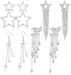 Inbagi 4 Pairs Star Dangle Earrings for Women Girls Waterfall Beaded Tassel Drop Dangle Earrings Rhinestone Star Earrings Shiny Hollow Earrings Dangle Fringe Ear Stud