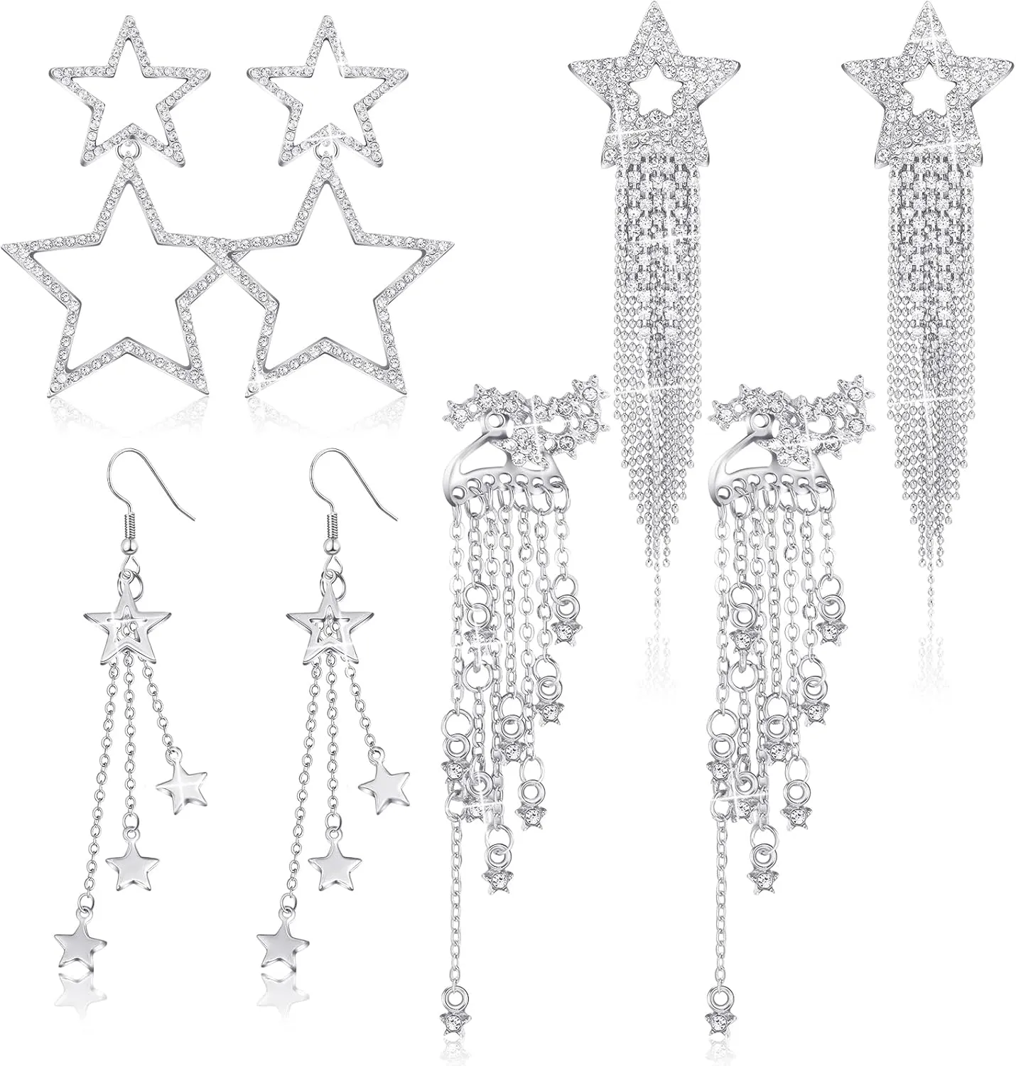 Inbagi 4 Pairs Star Dangle Earrings for Women Girls Waterfall Beaded Tassel Drop Dangle Earrings Rhinestone Star Earrings Shiny Hollow Earrings Dangle Fringe Ear Stud