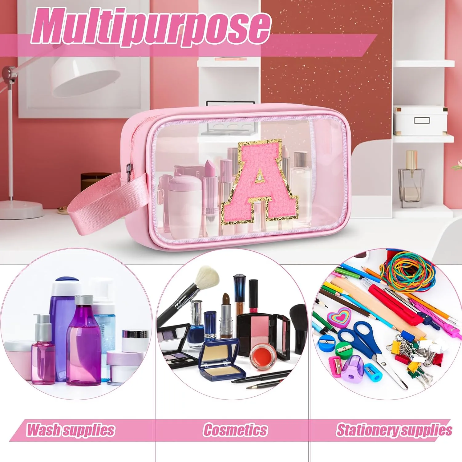 Initial Makeup Bag,Letter A Cute Clear Monogrammed Cosmetic Travel Bag for Womens Girls,Personalized Pink Aesthetic Traveling Make Up Organizer Bag for Beach,Waterproof Toiletry Bag