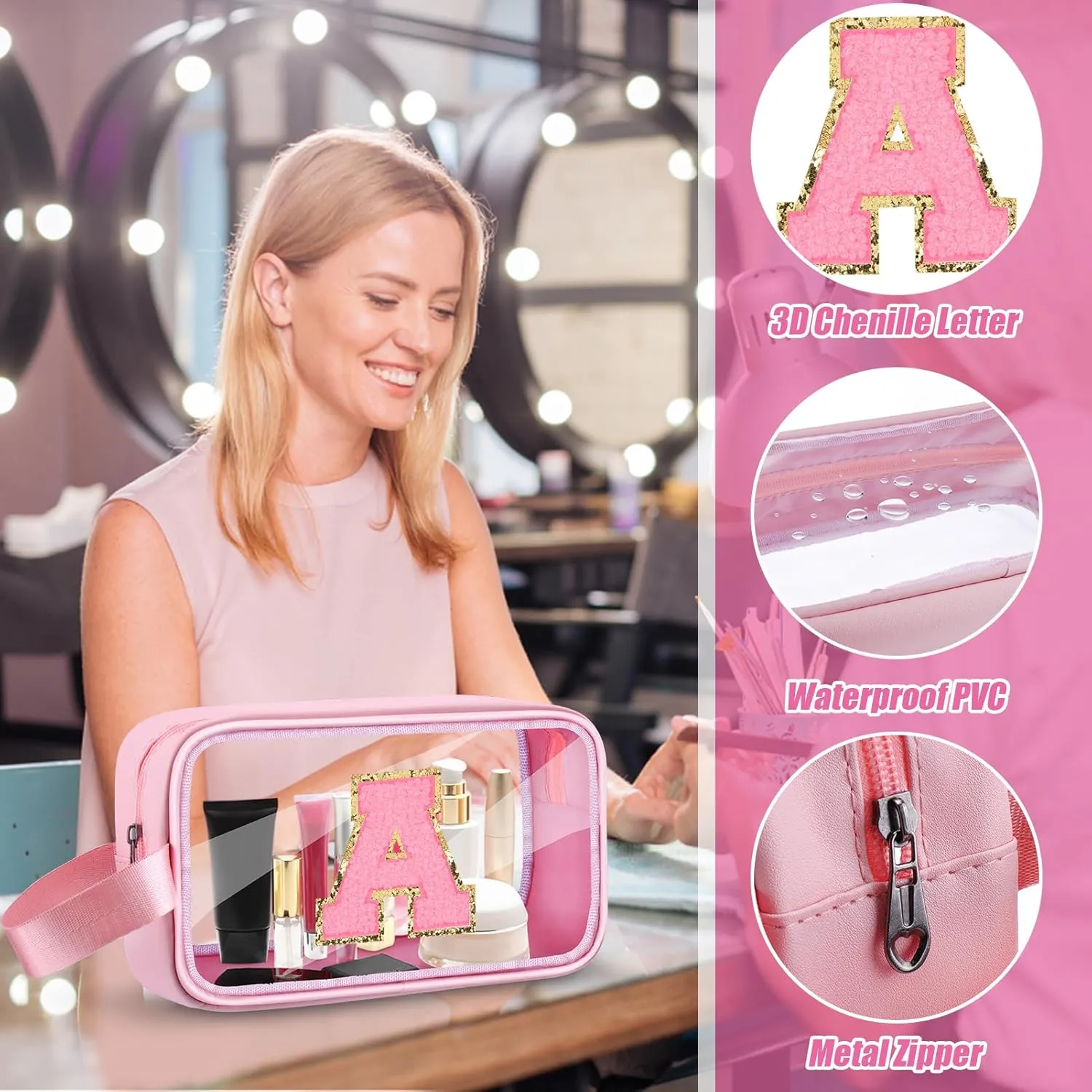 Initial Makeup Bag,Letter A Cute Clear Monogrammed Cosmetic Travel Bag for Womens Girls,Personalized Pink Aesthetic Traveling Make Up Organizer Bag for Beach,Waterproof Toiletry Bag