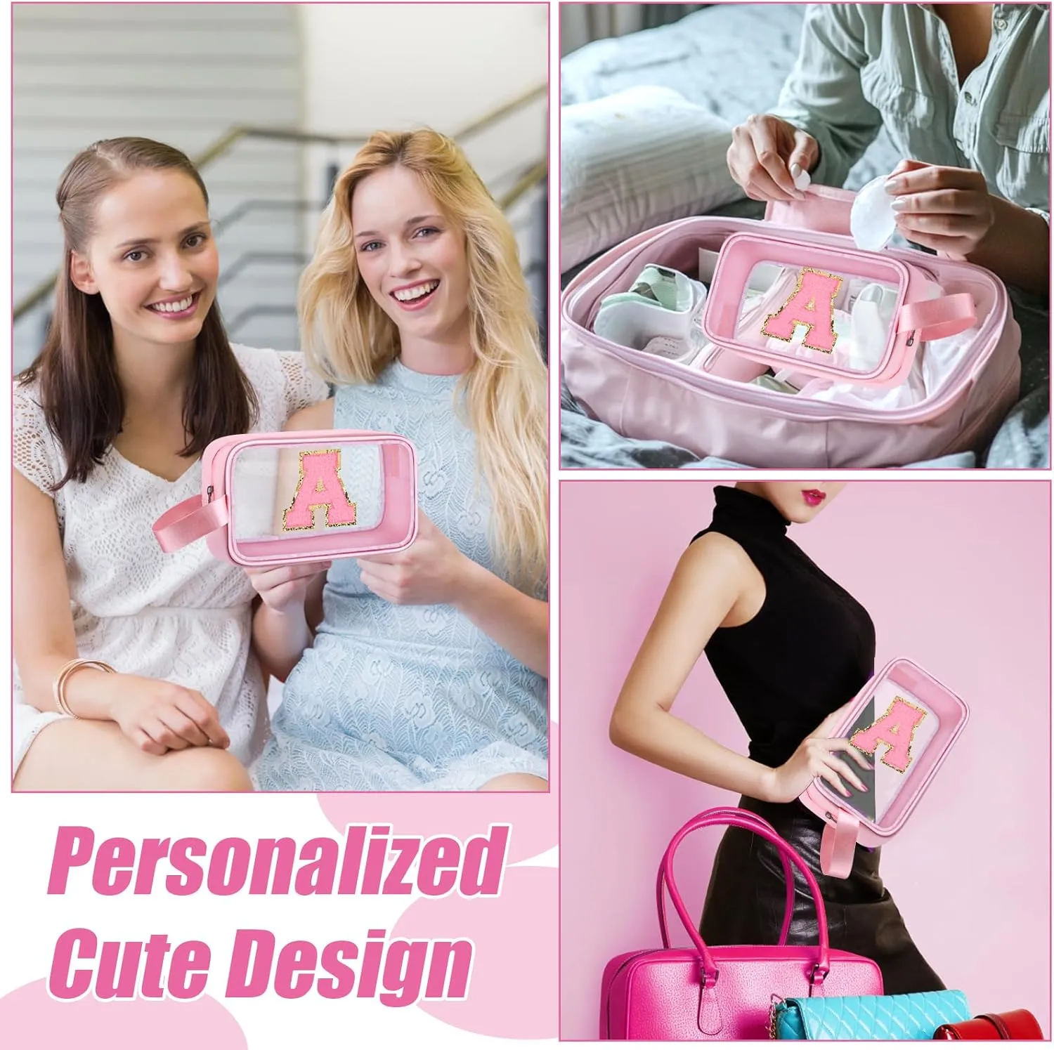 Initial Makeup Bag,Letter A Cute Clear Monogrammed Cosmetic Travel Bag for Womens Girls,Personalized Pink Aesthetic Traveling Make Up Organizer Bag for Beach,Waterproof Toiletry Bag