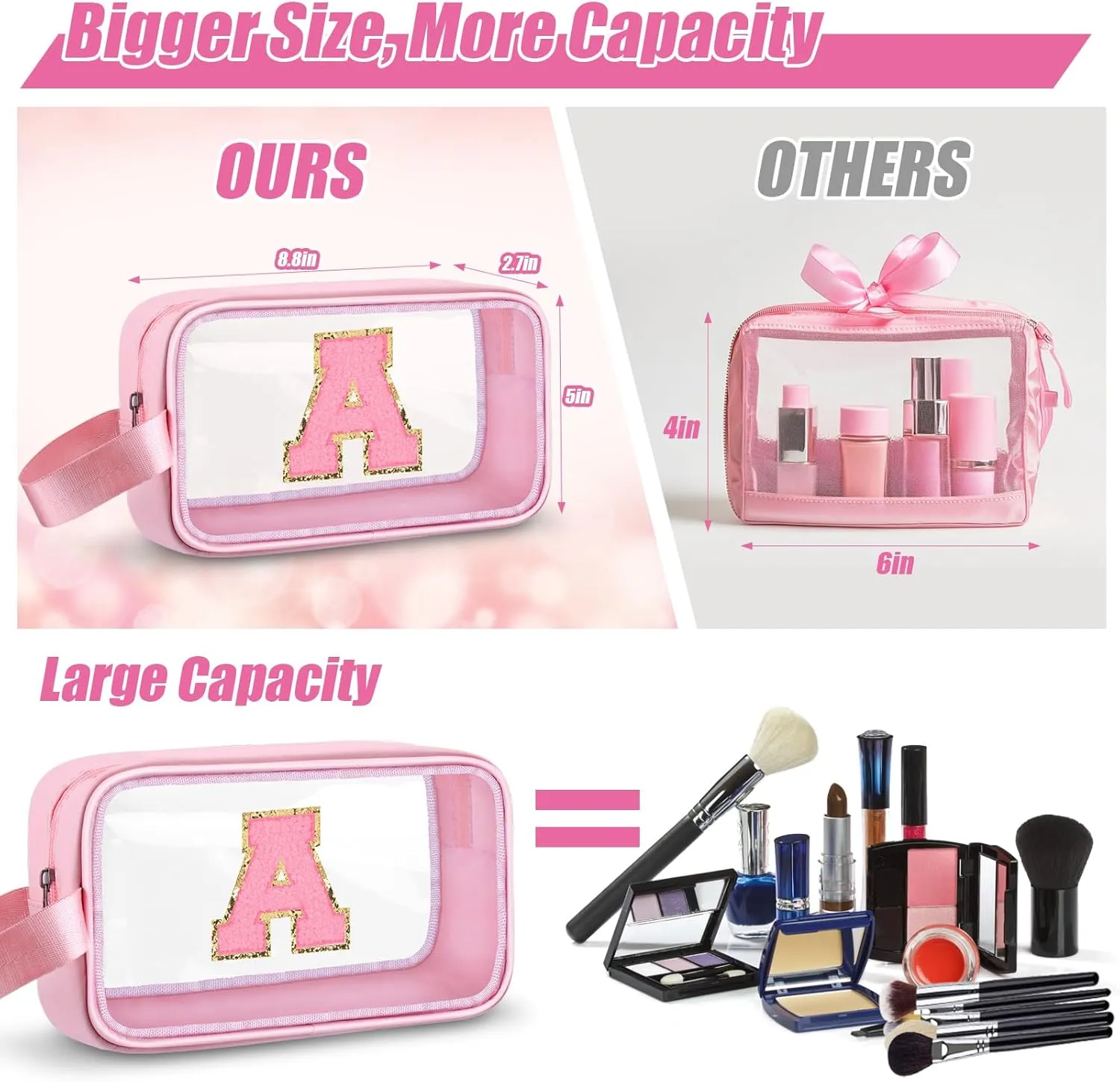 Initial Makeup Bag,Letter A Cute Clear Monogrammed Cosmetic Travel Bag for Womens Girls,Personalized Pink Aesthetic Traveling Make Up Organizer Bag for Beach,Waterproof Toiletry Bag