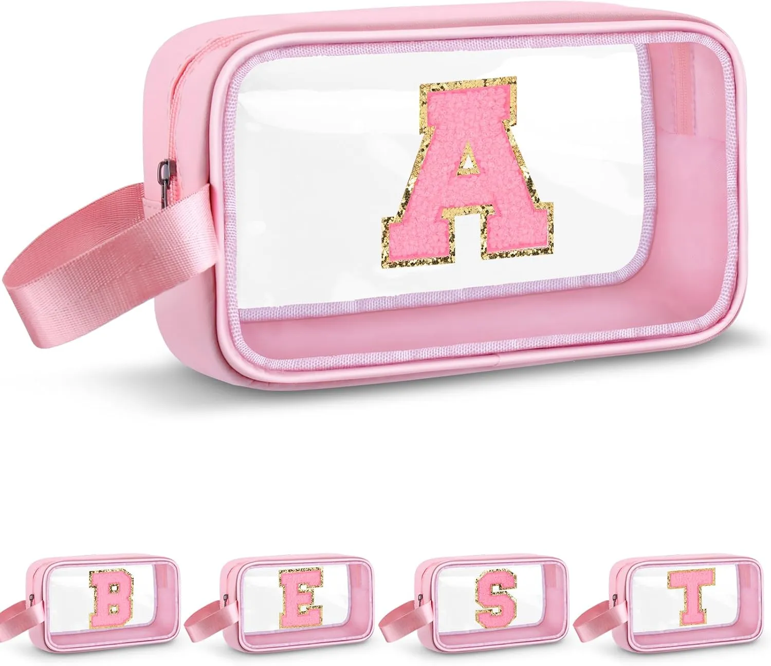 Initial Makeup Bag,Letter A Cute Clear Monogrammed Cosmetic Travel Bag for Womens Girls,Personalized Pink Aesthetic Traveling Make Up Organizer Bag for Beach,Waterproof Toiletry Bag
