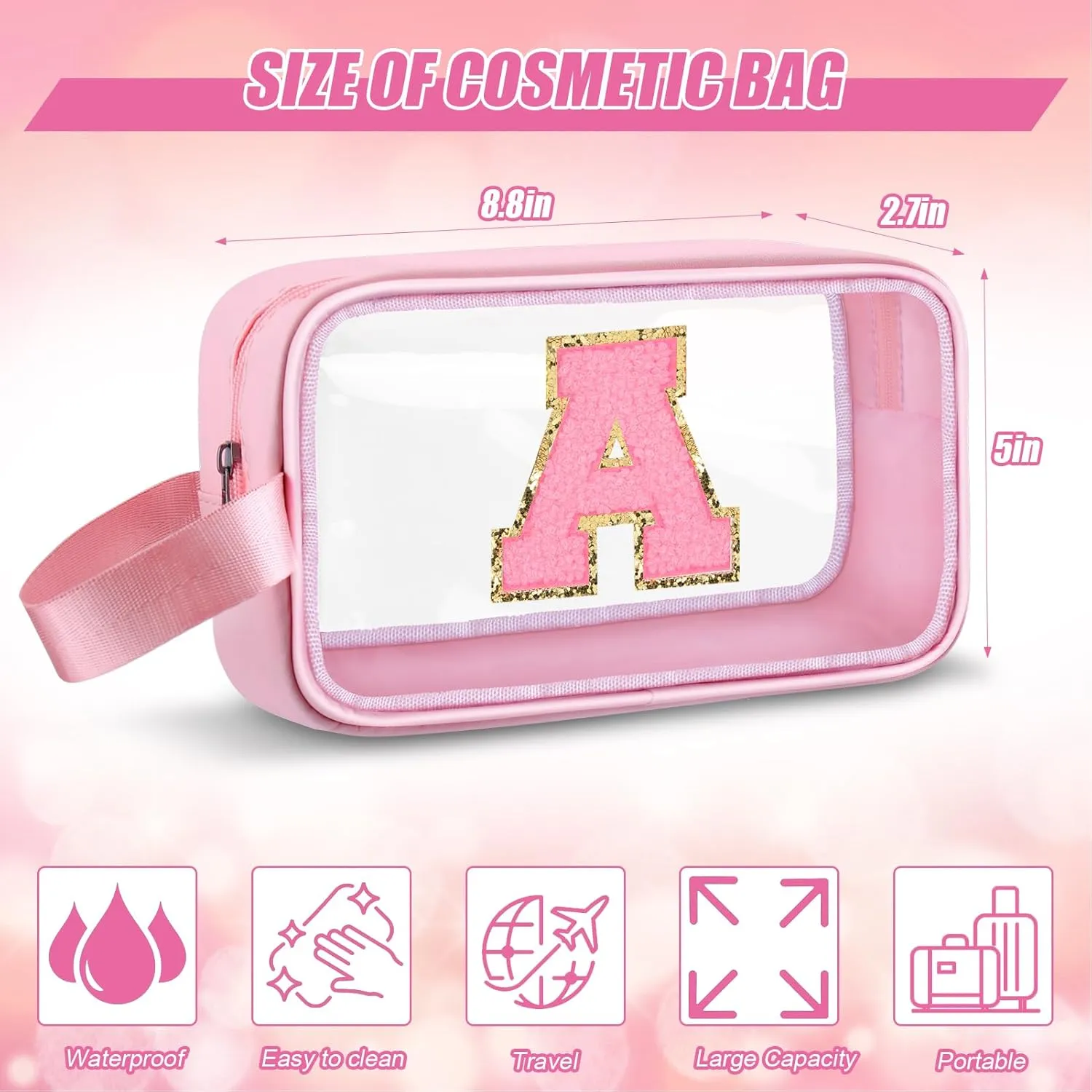 Initial Makeup Bag,Letter A Cute Clear Monogrammed Cosmetic Travel Bag for Womens Girls,Personalized Pink Aesthetic Traveling Make Up Organizer Bag for Beach,Waterproof Toiletry Bag