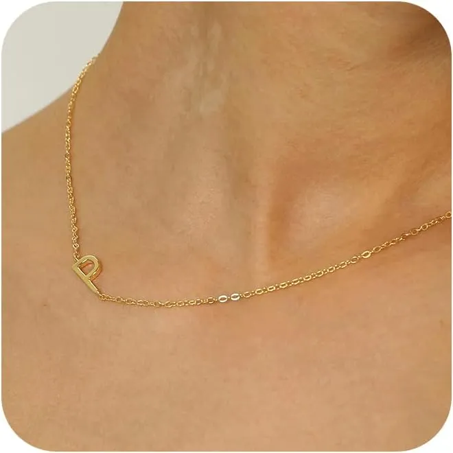 Initial Necklaces for Women, Dainty Gold Letter Necklace 14k Gold Plated Sideways Initial Necklace Cute Name Simple Choker Necklaces for Women Trendy Jewelry Gifts