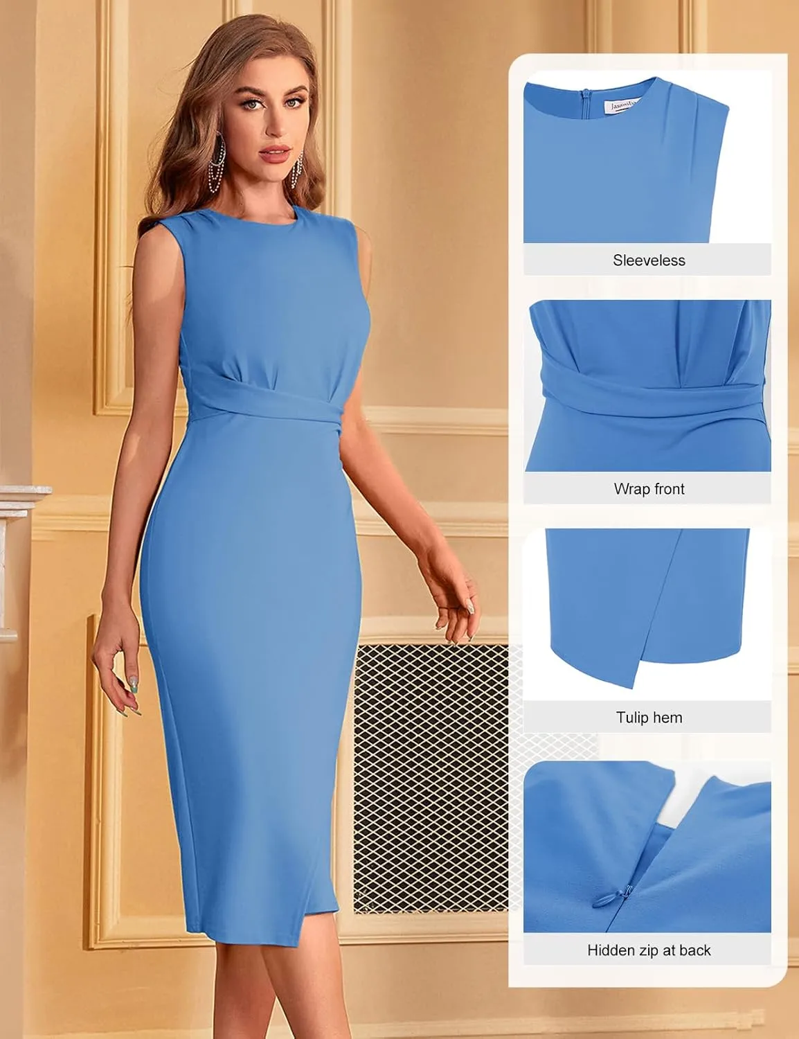 JASAMBAC Women's Sleeveless Tank Wrap Dress Midi Retro Wedding Cocktail Party Dress Ruched Club Evening Night Pencil Dresses