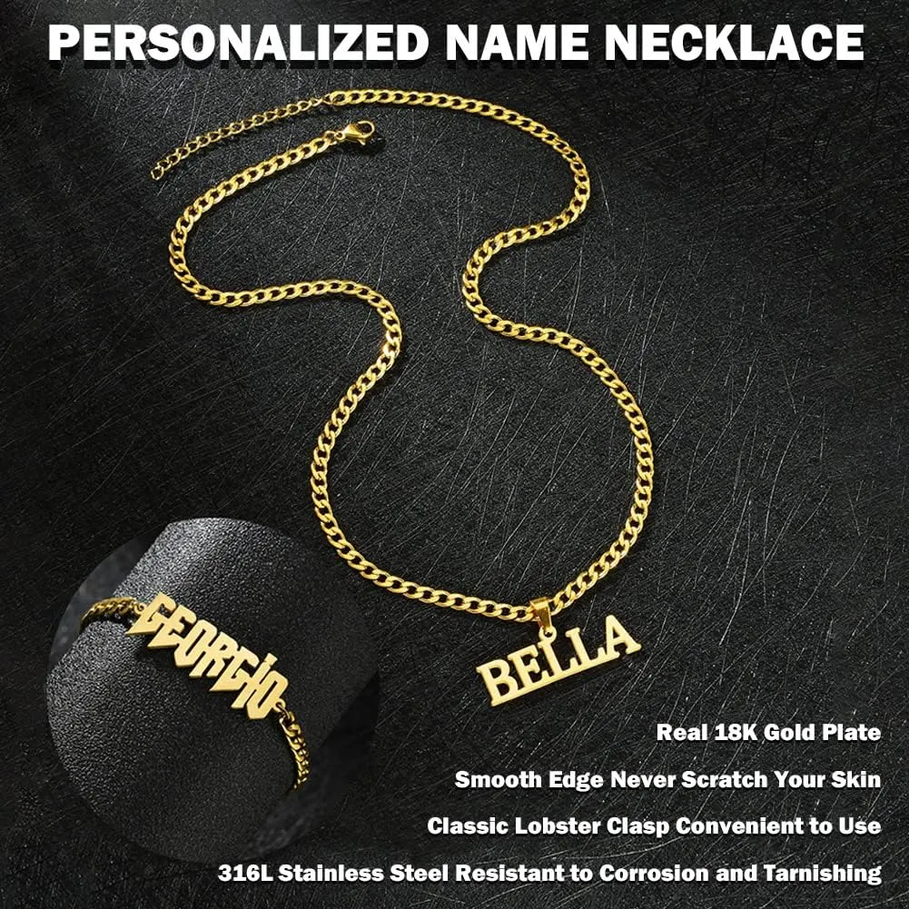 Jecivila Name Necklace Personalized for Men 18K Gold Plate Mens Custom Name Initial Number Necklace with Rope Figaro Curb Chain Personalized Jewelry Gifts for Dad Grandfather Boyfriend (16-24)
