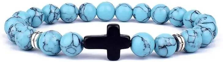 Jesus Cross Charm Bracelets Men Nature Lava Stone 8mm White Beads Bracelets Prayer Bangles for Women Jewelry