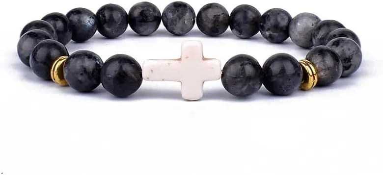 Jesus Cross Charm Bracelets Men Nature Lava Stone 8mm White Beads Bracelets Prayer Bangles for Women Jewelry