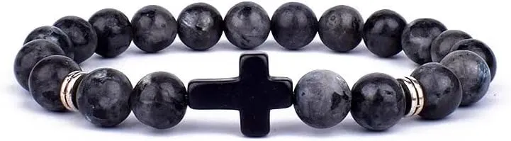 Jesus Cross Charm Bracelets Men Nature Lava Stone 8mm White Beads Bracelets Prayer Bangles for Women Jewelry